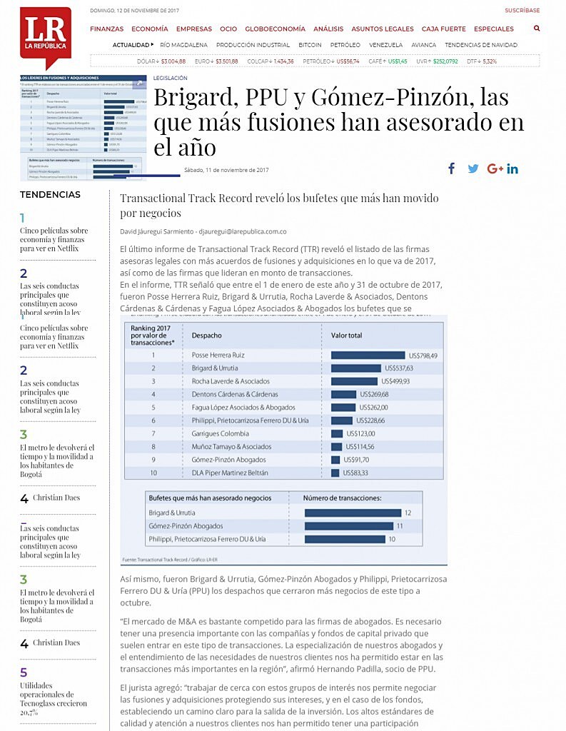 Brigard, PPU y Gmez-Pinzn, las que ms fusiones han asesorado en el ao